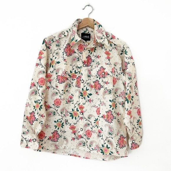 House of Aama Mens 100% Silk Paisley Floral Button Up Western Shirt Small New - Picture 2 of 9